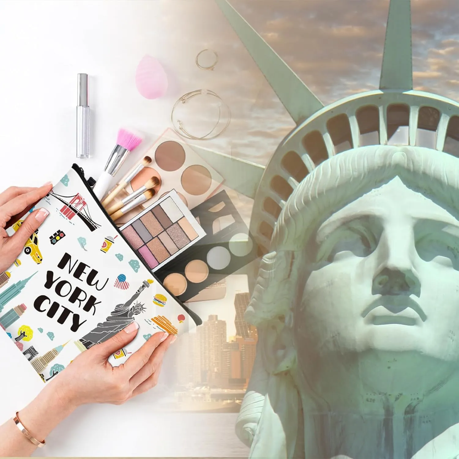 9 Pcs New York Cosmetic Bag New York Souvenir Zipper Pouch Los Angeles Souvenir Gifts Italy Paris Broadway Alaska Makeup Purse for Girls Women Traveler Birthday Christmas Party Favors
