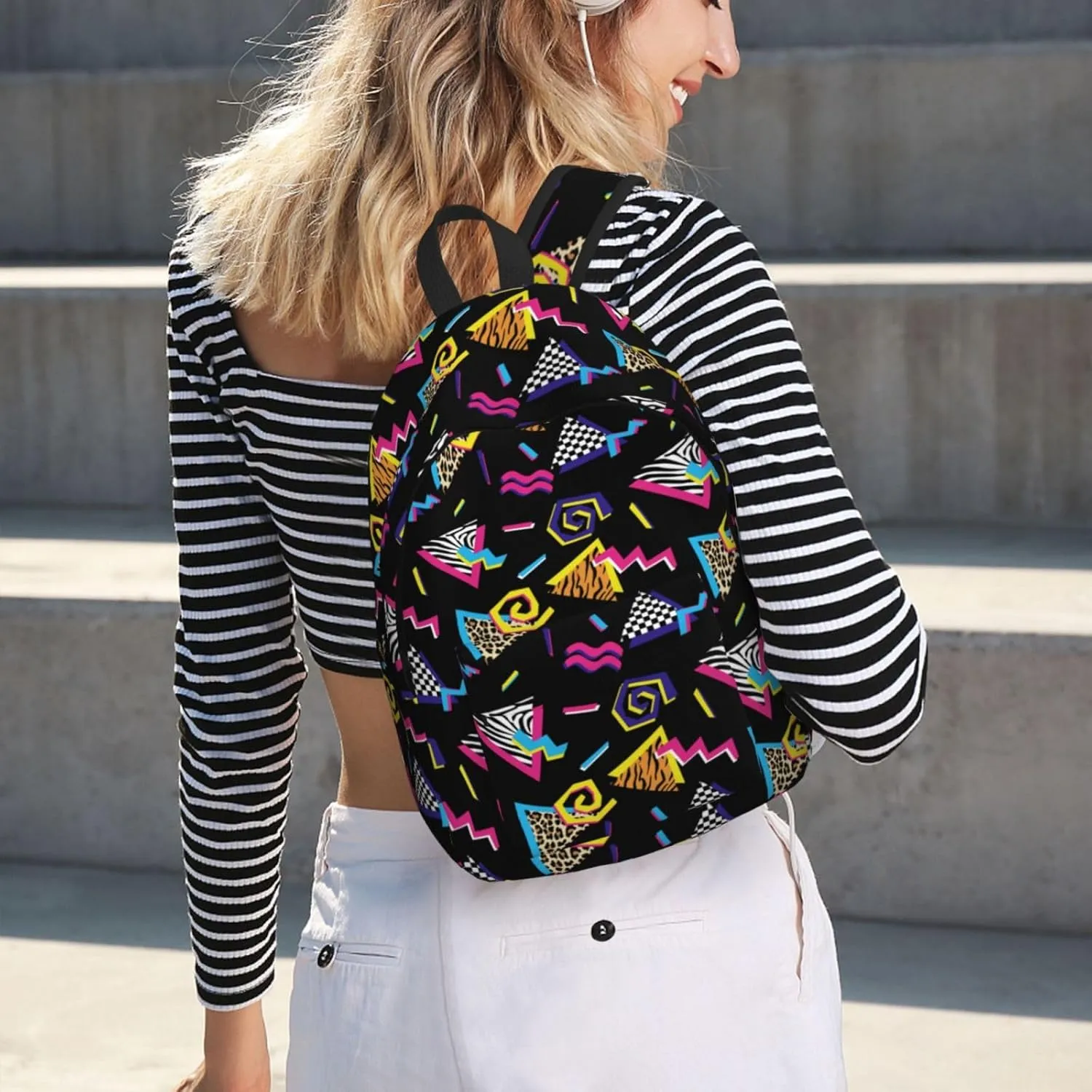 Abstract 90s Retro Fashion Backpack for Girls Boys Women Lightweight Canvas Bookbag Casual Daypack for Travel Outdoor Camping, 17 Inches