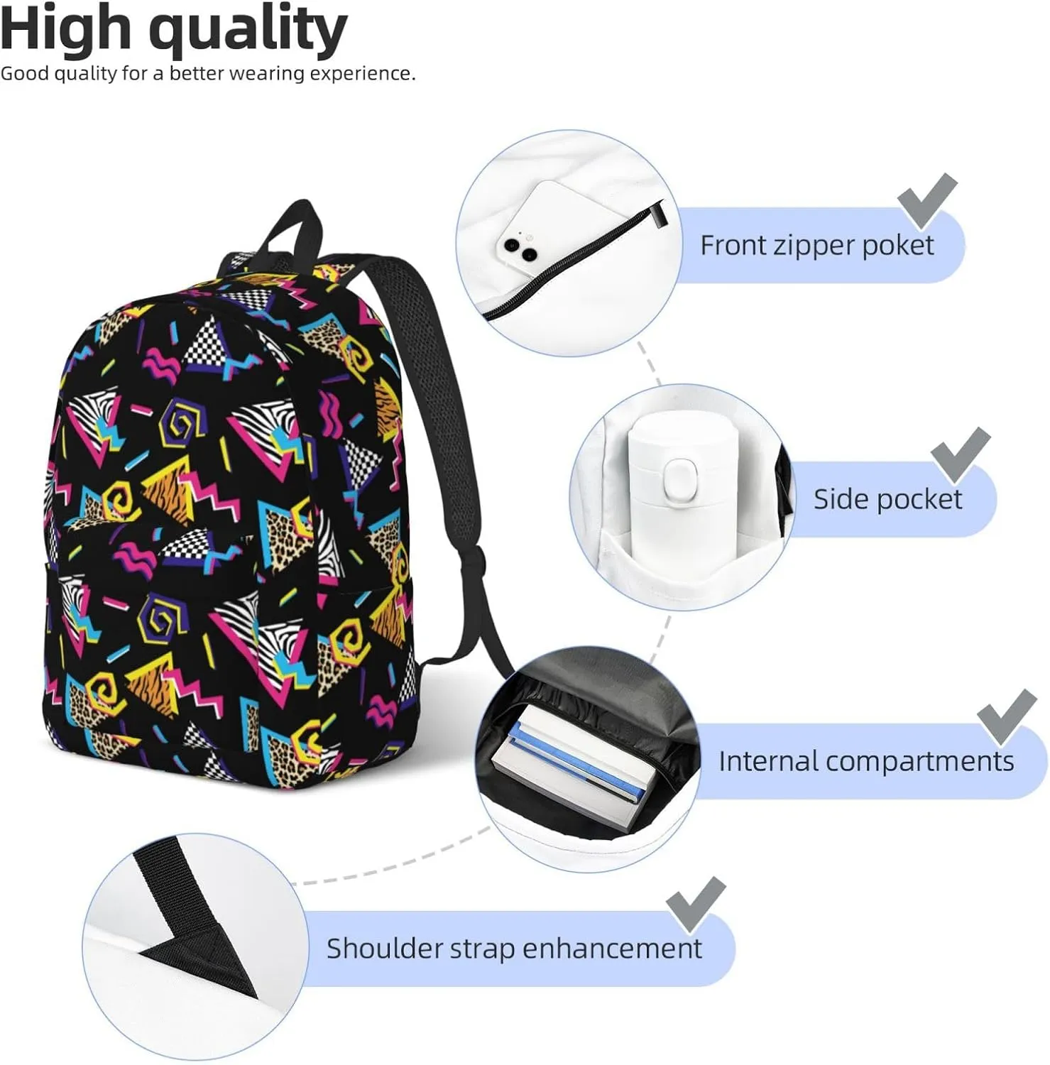 Abstract 90s Retro Fashion Backpack for Girls Boys Women Lightweight Canvas Bookbag Casual Daypack for Travel Outdoor Camping, 17 Inches