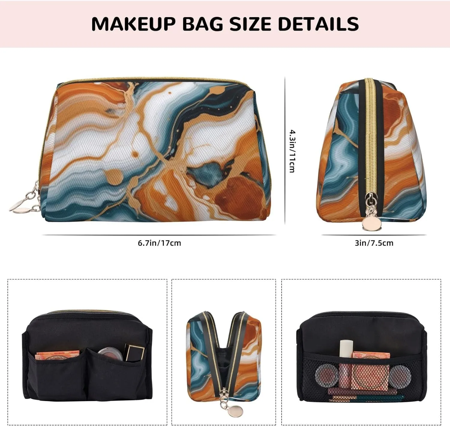 Abstract Marble Stone Printed Small Makeup Bag,Travel Cosmetic Bag Purse with Zipper,Water-resistant Makeup Organizer Bag for Women