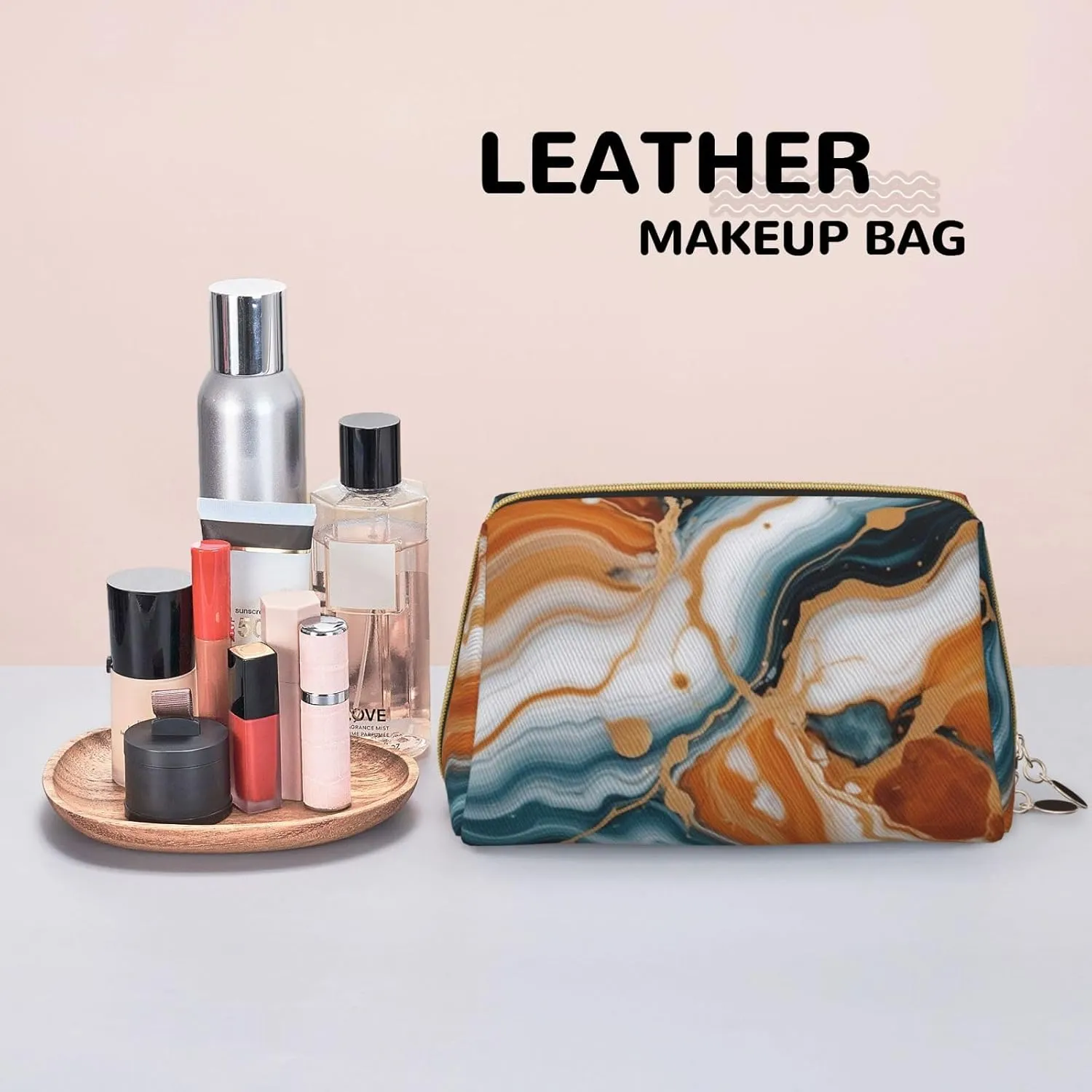Abstract Marble Stone Printed Small Makeup Bag,Travel Cosmetic Bag Purse with Zipper,Water-resistant Makeup Organizer Bag for Women