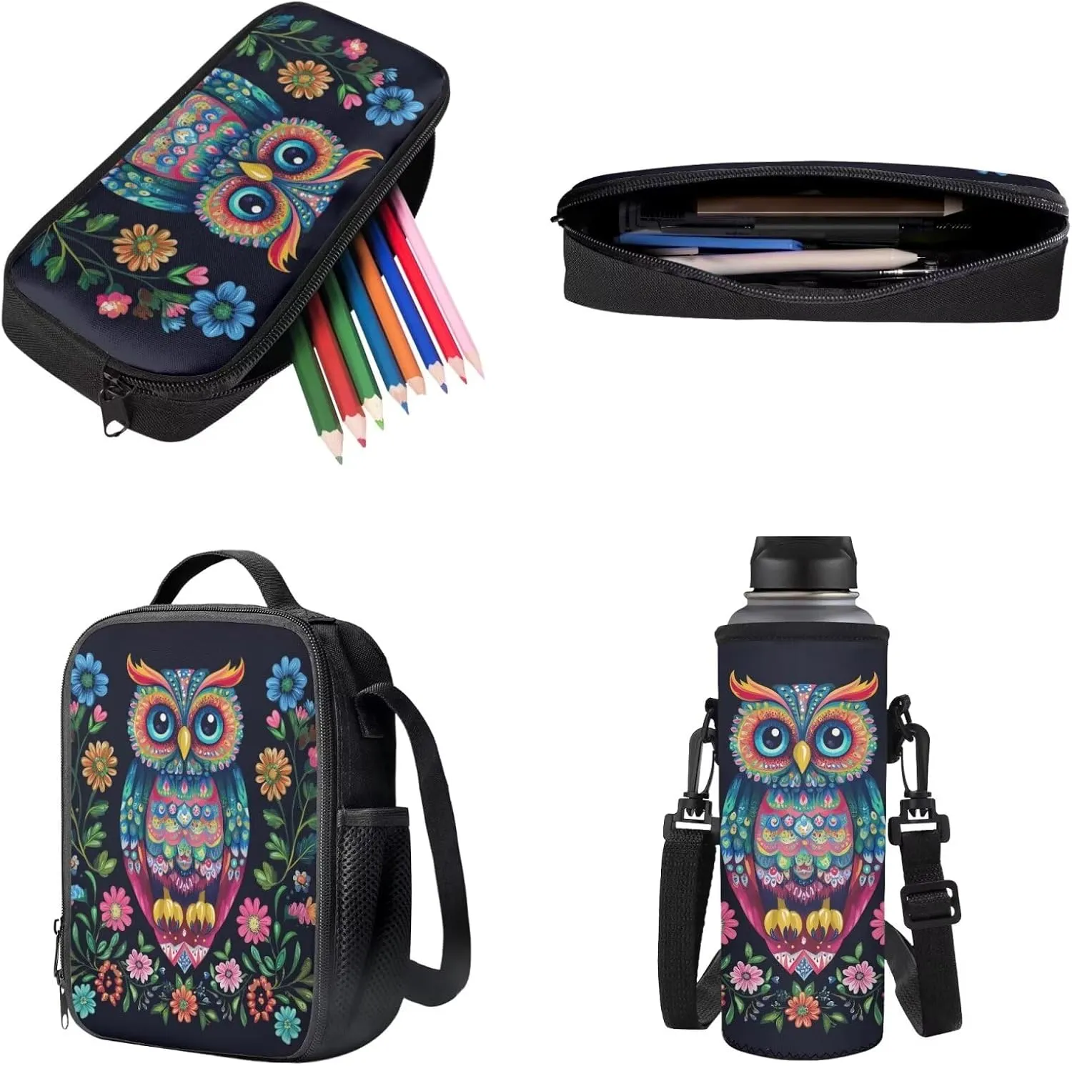 Abstract Owl Floral Print School Backpack Set for Girls Boys, Large Capacity Kids School Bag Set of 4, Boogbag with Lunch Bag Pencil Case Water Bottle Holder, Back to School Backpack Set