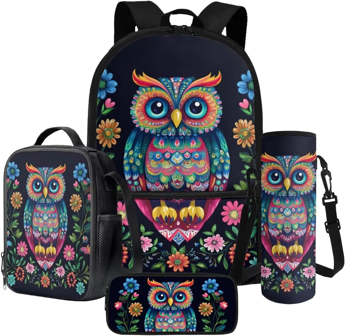 Abstract Owl Floral Print School Backpack Set for Girls Boys, Large Capacity Kids School Bag Set of 4, Boogbag with Lunch Bag Pencil Case Water Bottle Holder, Back to School Backpack Set