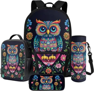 Abstract Owl Floral Print School Backpack Set for Girls Boys, Large Capacity Kids School Bag Set of 4, Boogbag with Lunch Bag Pencil Case Water Bottle Holder, Back to School Backpack Set
