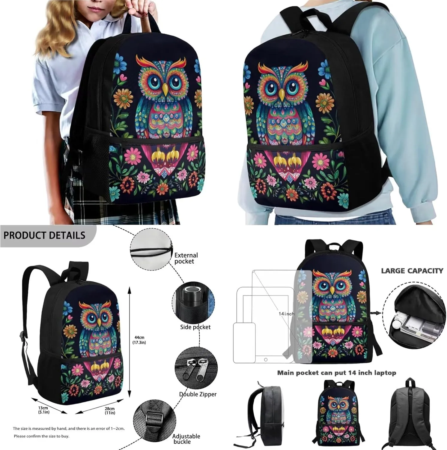 Abstract Owl Floral Print School Backpack Set for Girls Boys, Large Capacity Kids School Bag Set of 4, Boogbag with Lunch Bag Pencil Case Water Bottle Holder, Back to School Backpack Set