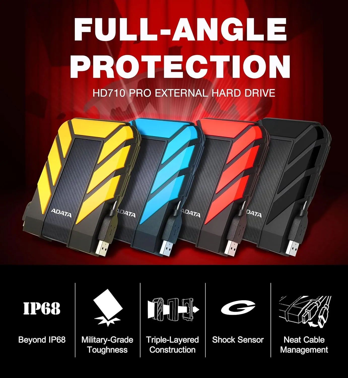 ADATA HD710 Pro 1TB USB 3.1 IP68 Waterproof/Shockproof/Dustproof Ruggedized External Hard Drive, Black (AHD710P-1TU31-CBK)