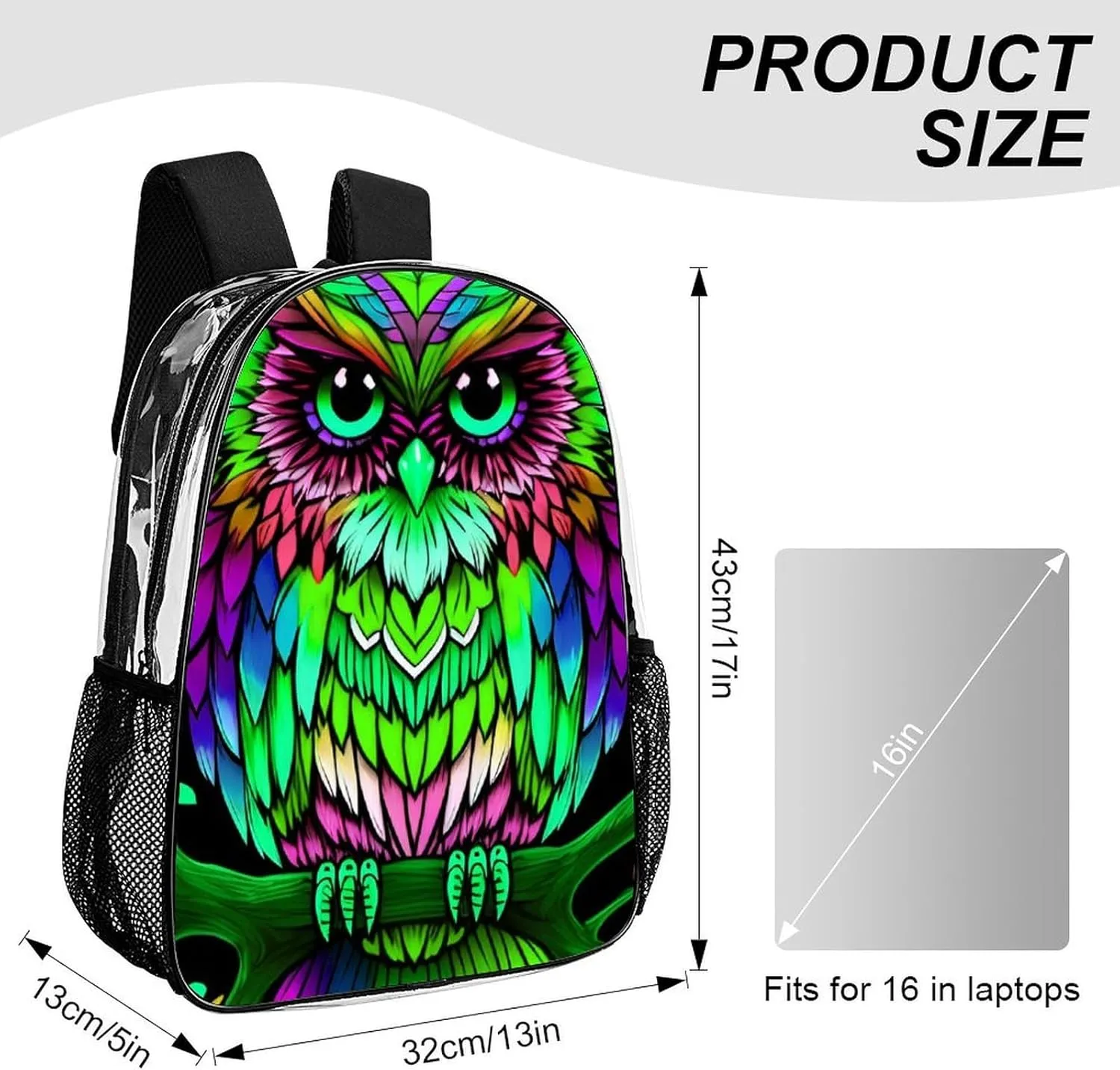 Adults Lightweight Colorful Owl Wild Bird Art Shoulder Book Bags Big Capacity Shoulder Bag Transparent Bag for Trekking Work Walking Cycling