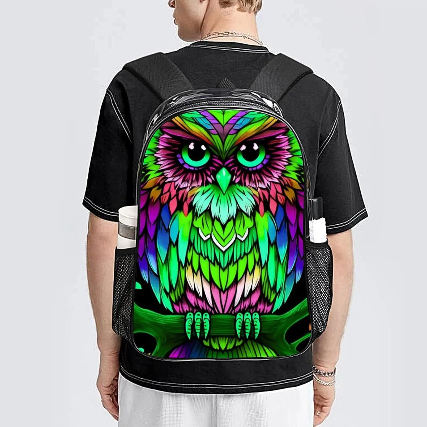 Adults Lightweight Colorful Owl Wild Bird Art Shoulder Book Bags Big Capacity Shoulder Bag Transparent Bag for Trekking Work Walking Cycling