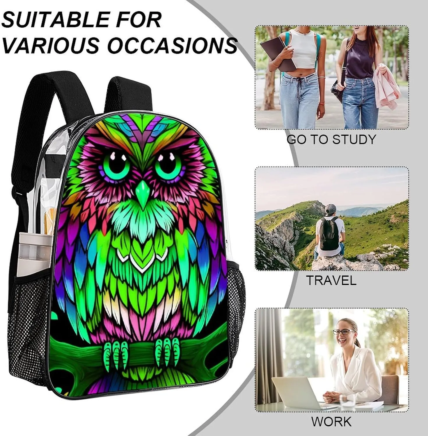 Adults Lightweight Colorful Owl Wild Bird Art Shoulder Book Bags Big Capacity Shoulder Bag Transparent Bag for Trekking Work Walking Cycling