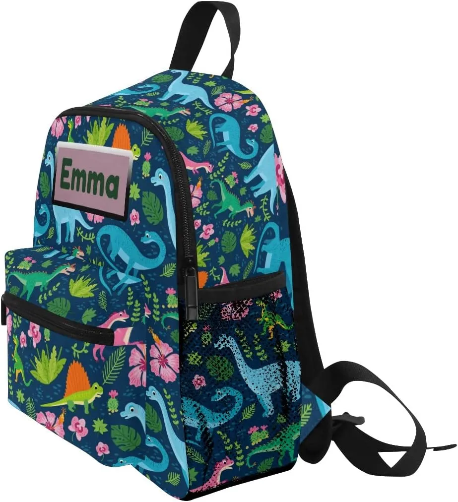 Aflyko Custom Name Dino Flower Spring Kids Backpack Personalized Daycare Bookbag Kindergarten Daypack for Toddler Girls Boys 10" × 4" × 12"