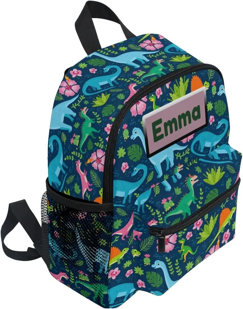 Aflyko Custom Name Dino Flower Spring Kids Backpack Personalized Daycare Bookbag Kindergarten Daypack for Toddler Girls Boys 10" × 4" × 12"