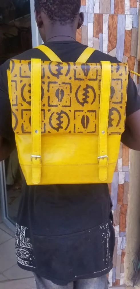 African Leather Backpack with Adinkra Symbols.