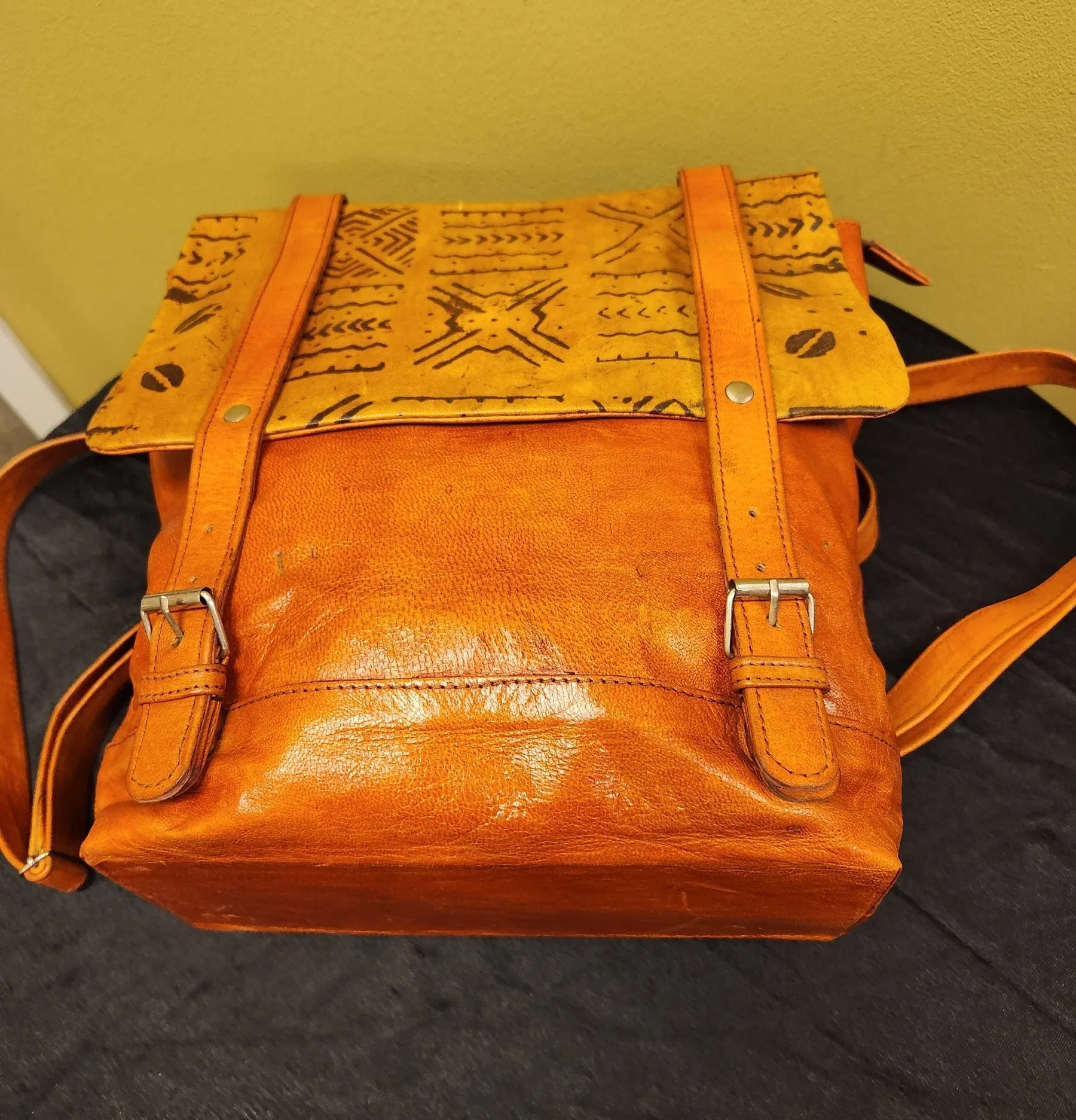 African Leather Backpack with Adinkra Symbols.