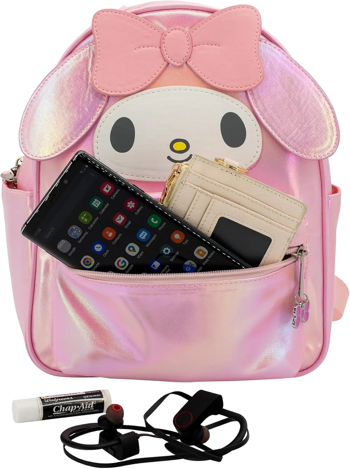 AI ACCESSORY INNOVATIONS My Melody Big Face Cosplay Mini PU Backpack Purse, Shoulder Bag with Epoxy Filled Metal Bow Charm, 10.5 Inch, Adjustable Straps, Faux Leather