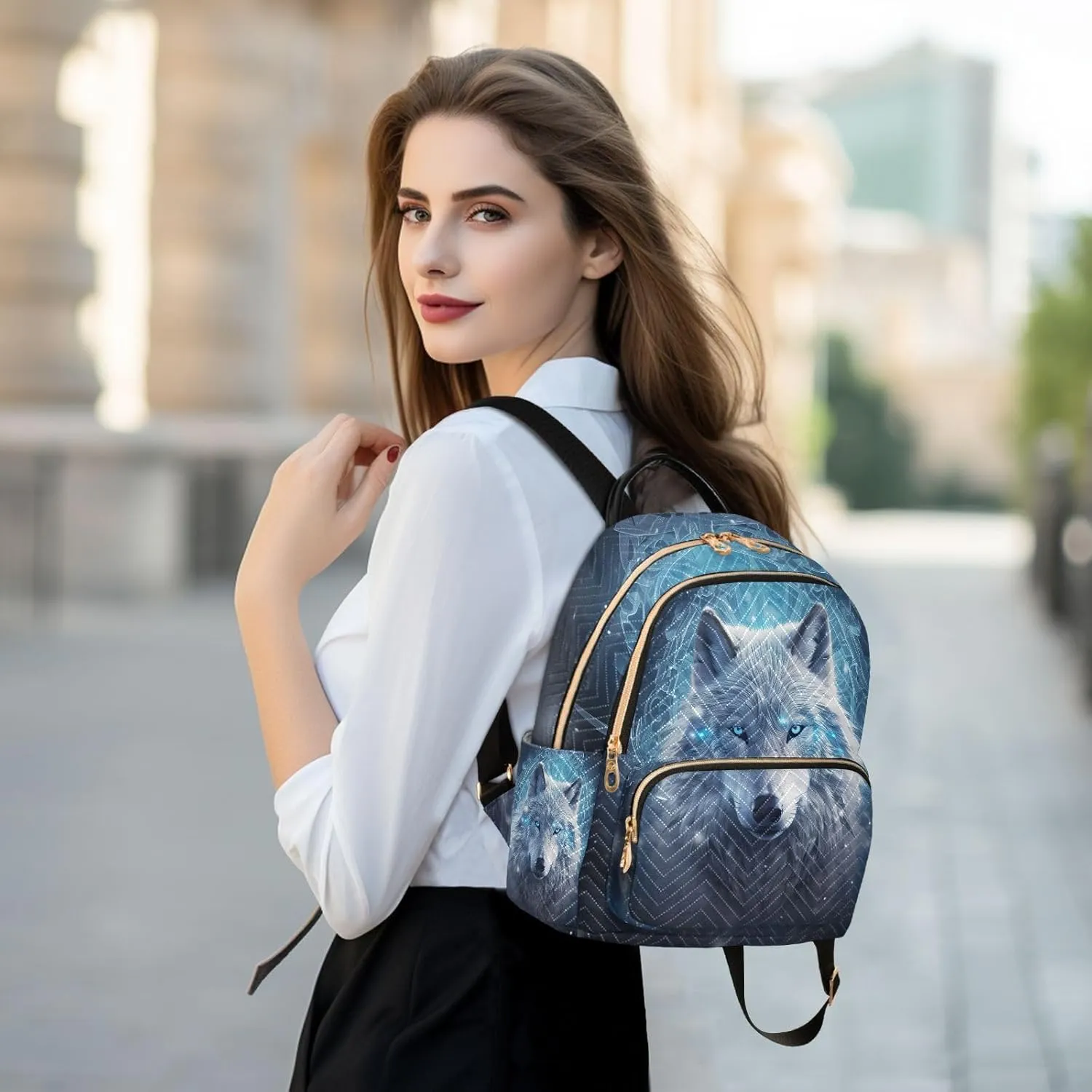 ALAZA Mini Backpack for Women, Blue Wolf Travel Backpack Purse for Ladies, Small Bookbag Daypack Shoulder Bag M