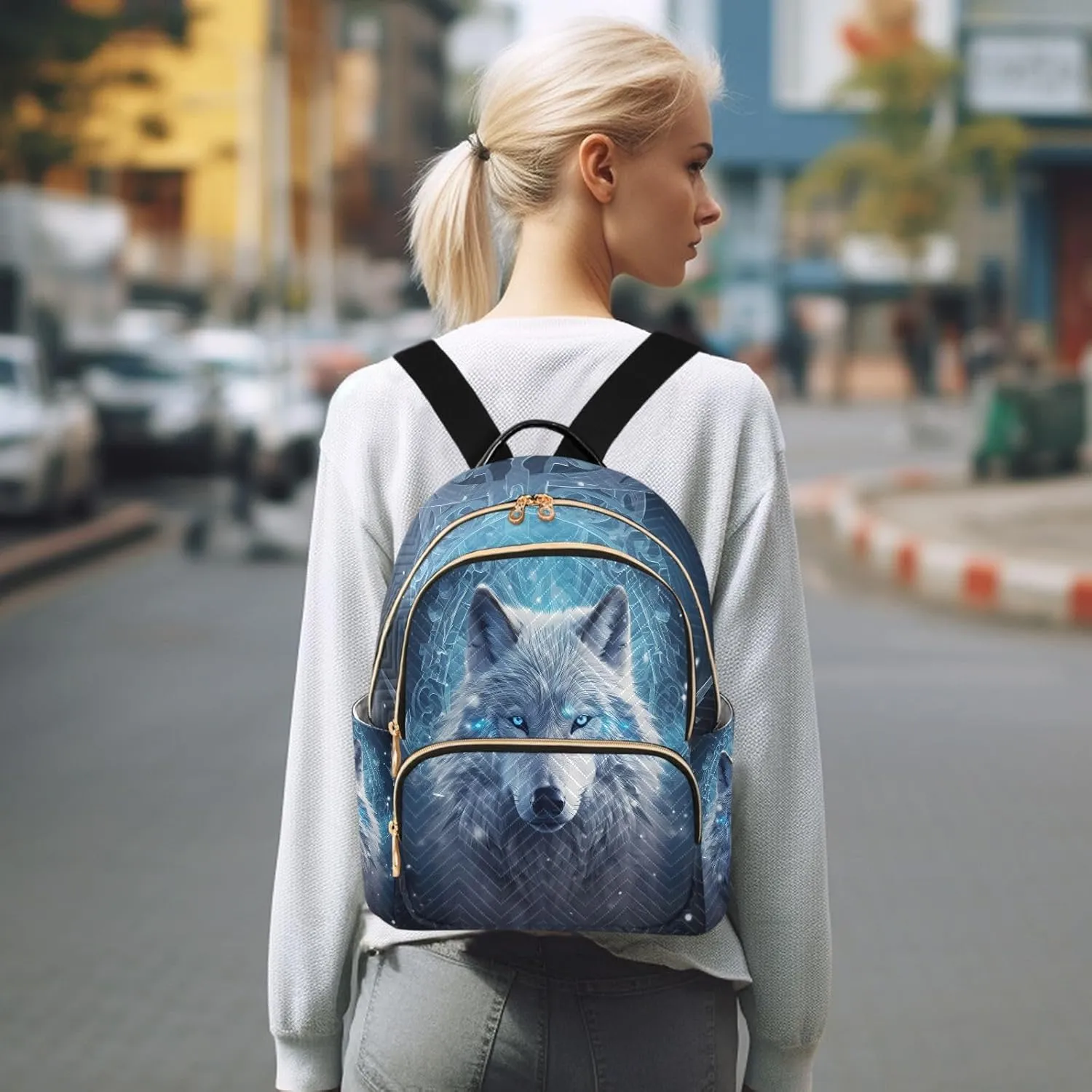 ALAZA Mini Backpack for Women, Blue Wolf Travel Backpack Purse for Ladies, Small Bookbag Daypack Shoulder Bag M