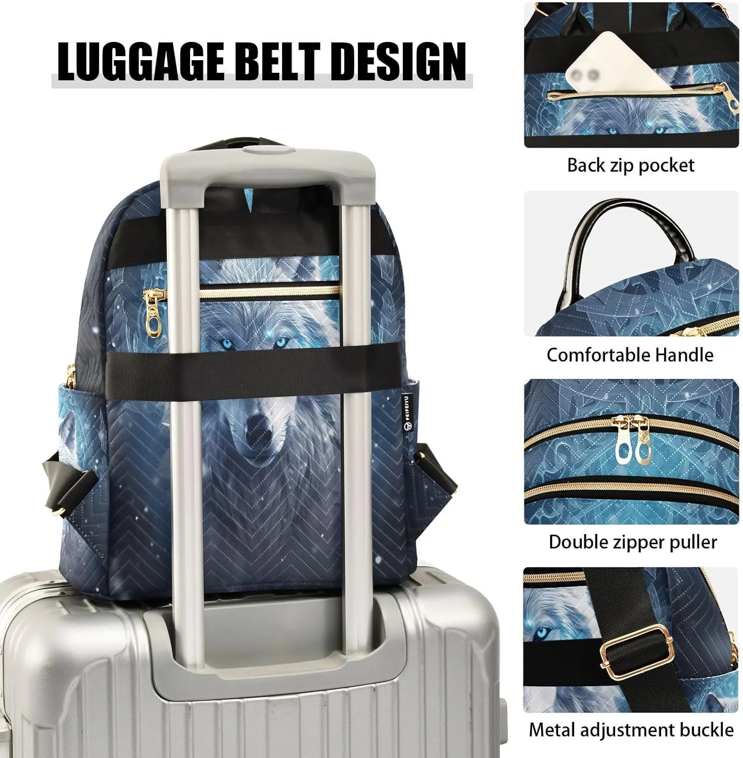 ALAZA Mini Backpack for Women, Blue Wolf Travel Backpack Purse for Ladies, Small Bookbag Daypack Shoulder Bag M