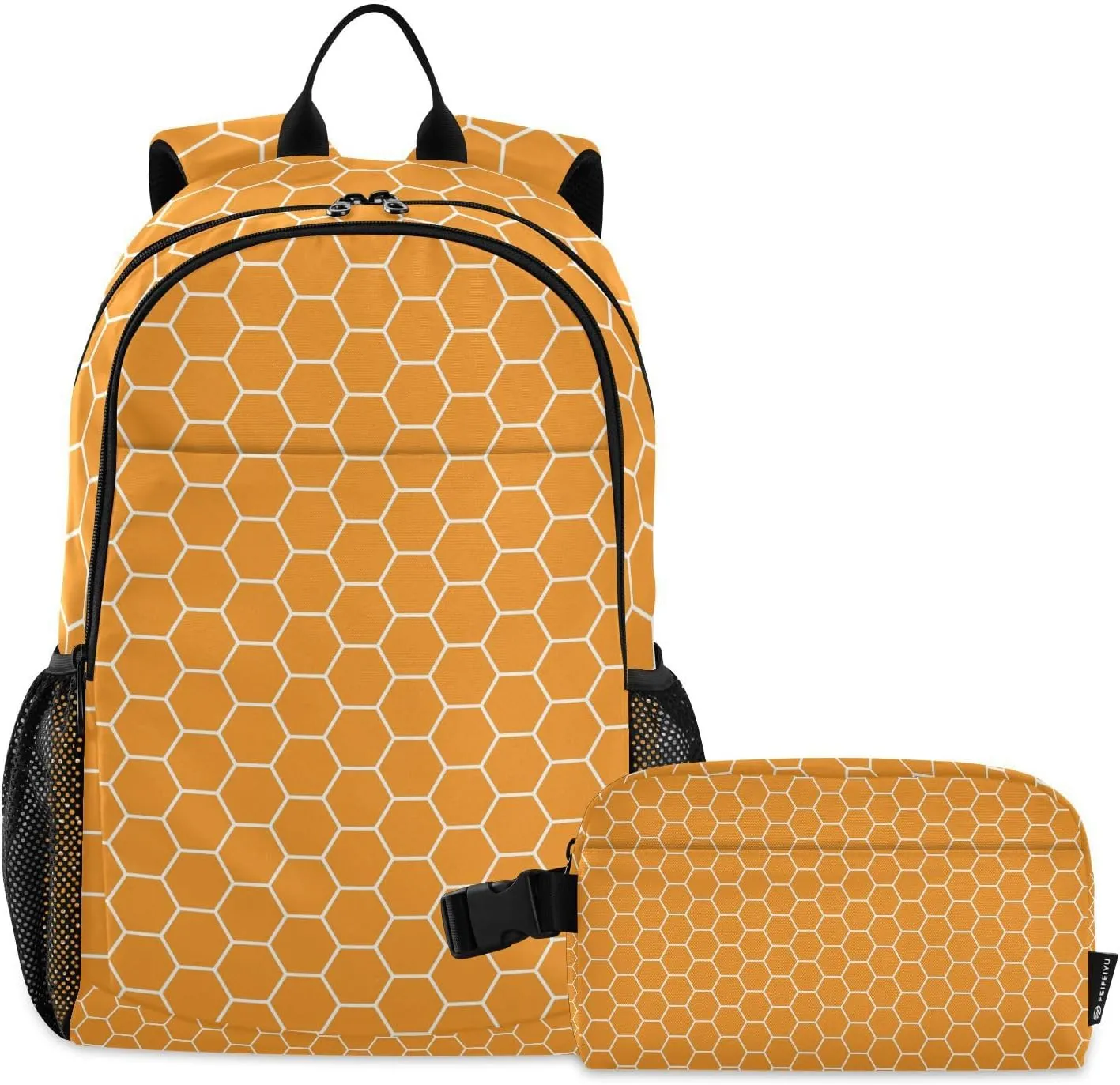 ALAZA Yellow Hexagon Orange Honeycomb Honey Backpack and Lunch Bag Set for Girls Boys Kids School Bag Bookbags Elementary Back Pack Casual Daypack