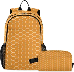 ALAZA Yellow Hexagon Orange Honeycomb Honey Backpack and Lunch Bag Set for Girls Boys Kids School Bag Bookbags Elementary Back Pack Casual Daypack