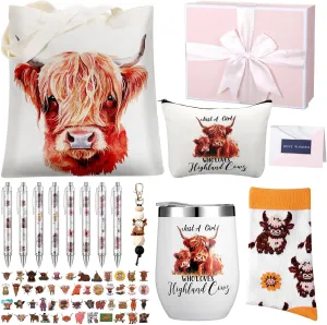 Aliceset 66 Pcs Highland Cow Gift Include Makeup Bag Highland Cow Stainless Steel Tumbler 20oz with Lid Highland Cow Socks Highland Cow Pens Set for Highland Cows Lovers