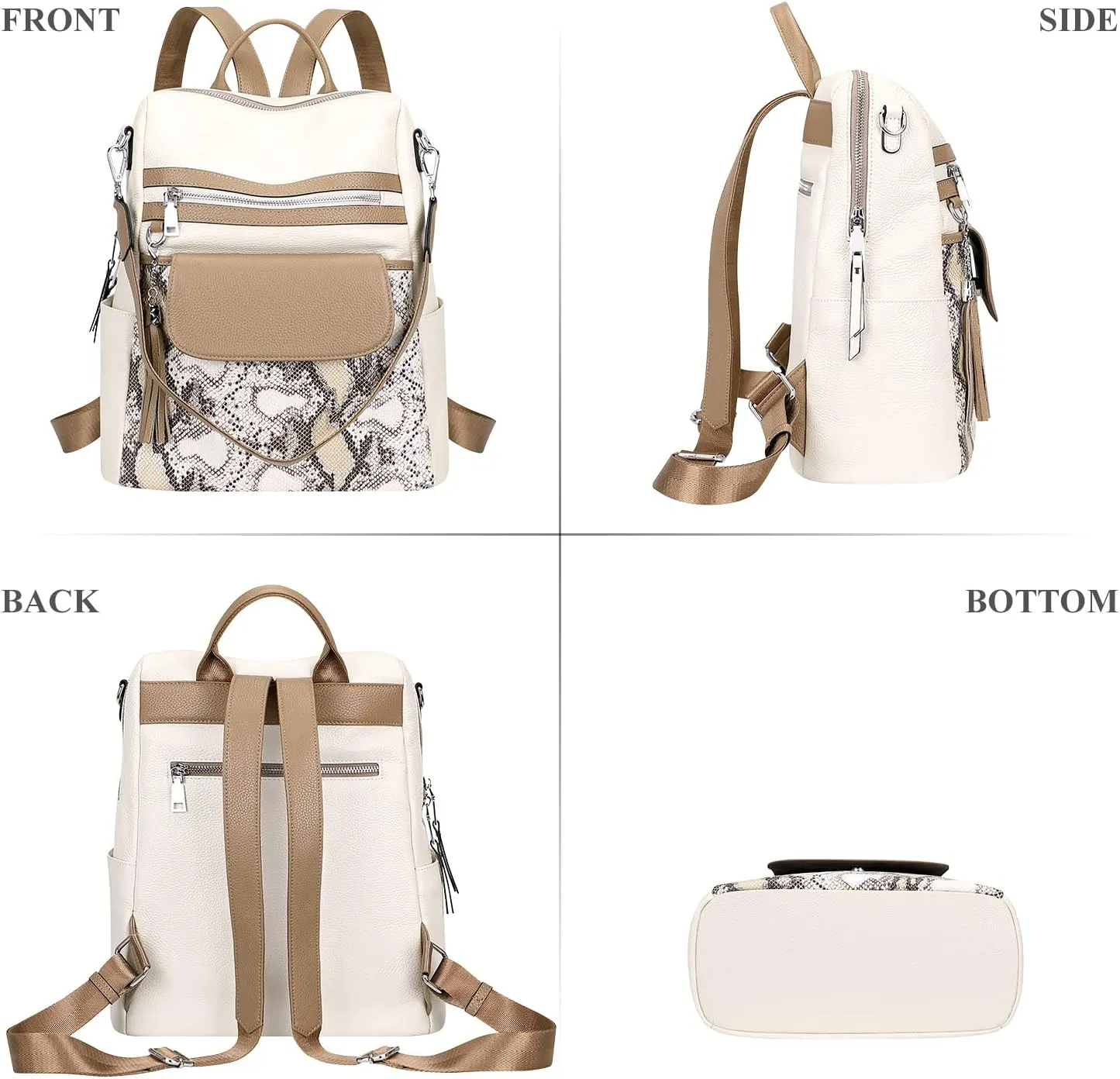 ALTOSY Genuine Leather Backpack Purse for Women Large Convertible Shoulder bag Ladies Crossdody Bag with Tassel(S115 White/Dark Khaki/Gold Python)