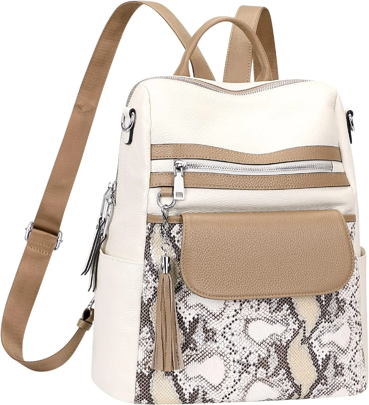 ALTOSY Genuine Leather Backpack Purse for Women Large Convertible Shoulder bag Ladies Crossdody Bag with Tassel(S115 White/Dark Khaki/Gold Python)