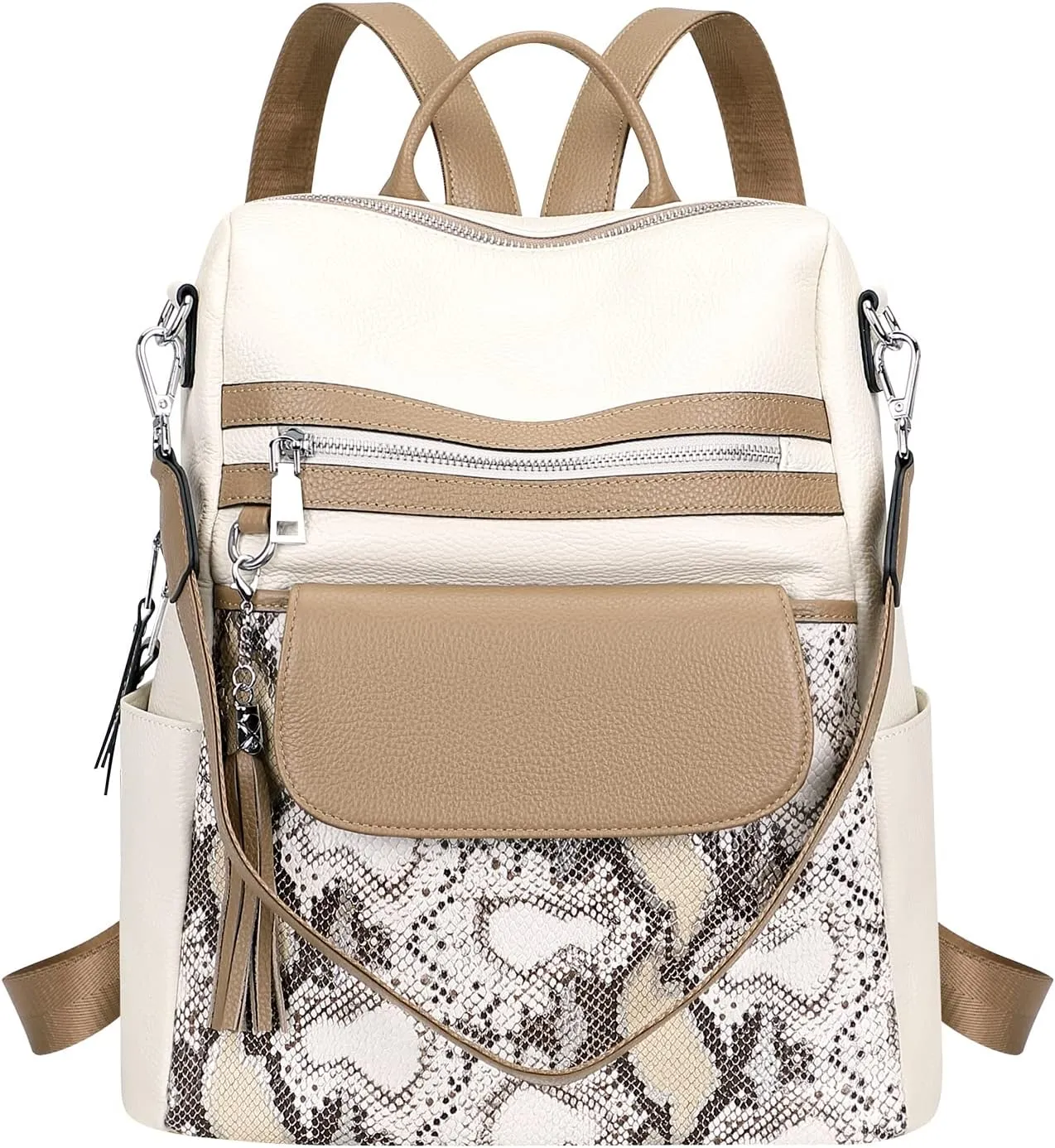 ALTOSY Genuine Leather Backpack Purse for Women Large Convertible Shoulder bag Ladies Crossdody Bag with Tassel(S115 White/Dark Khaki/Gold Python)
