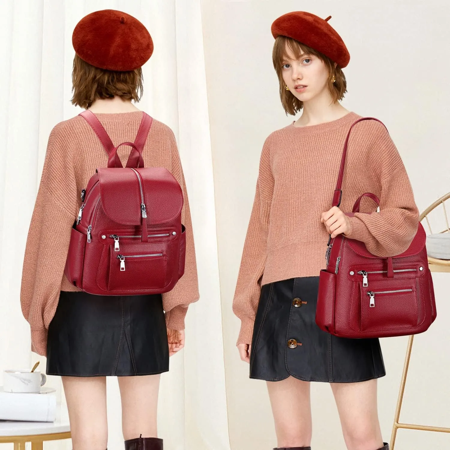 ALTOSY Leather Backpack Purse for Women Fashion Casual Handbag with Multi Pockets and Flap