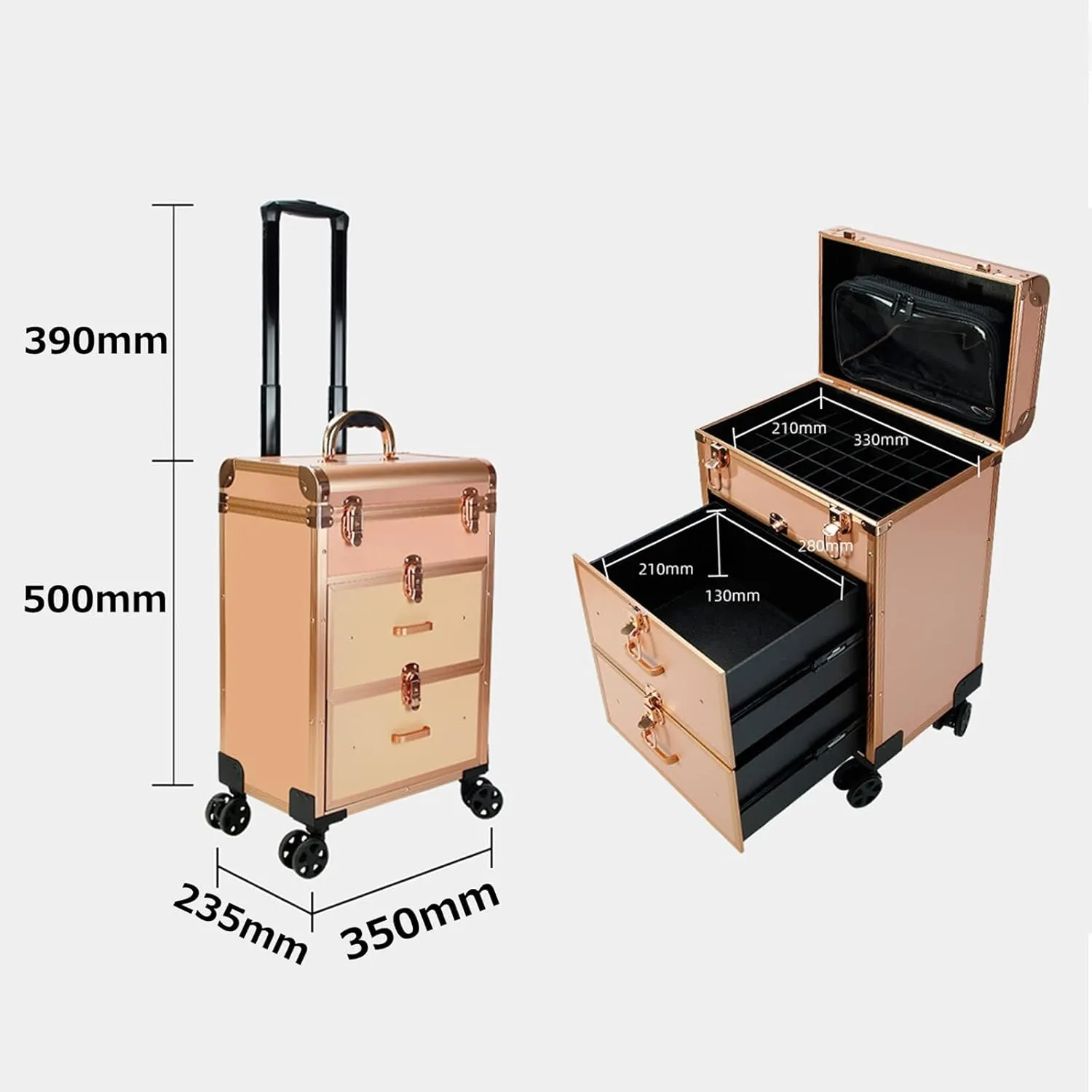 Aluminium Make Up Case, Beauty Makeup Train Case Travel Trolley Cosmetic Bag Rolling Organizer Vanity Box,Rolling Makeup Case Travel Train Case With Wheels Cosmetic Trolley, Black 1 Piece cosmetic cas