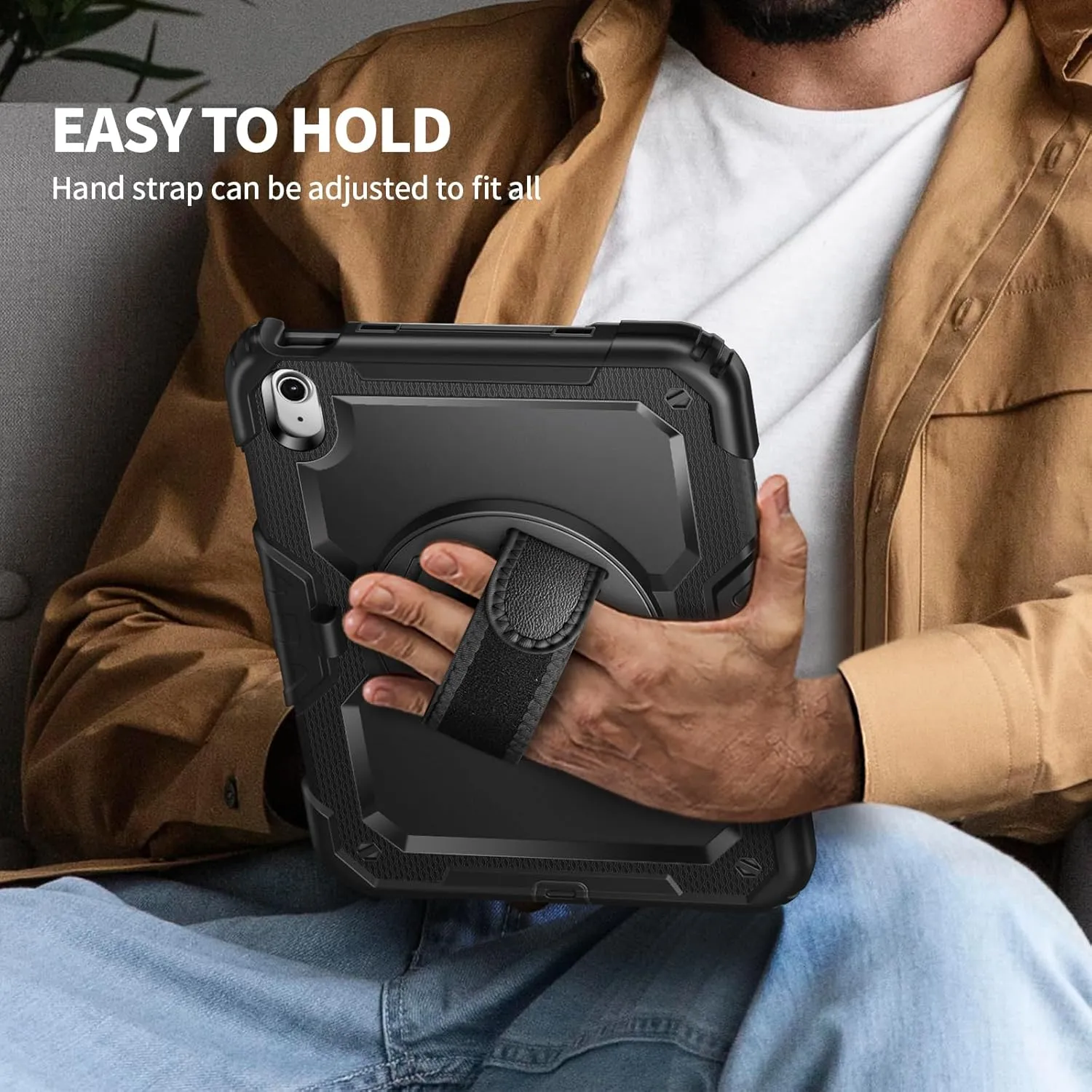 Ambison Case for iPad A16 11th Generation 11'' 2025/10th Generation 10.9'' 2022,Heavy Duty Shockproof Case with Tempered Glass Screen Protector, 360° Rotating Handle Strap/Stand,Shoulder Strap-Black