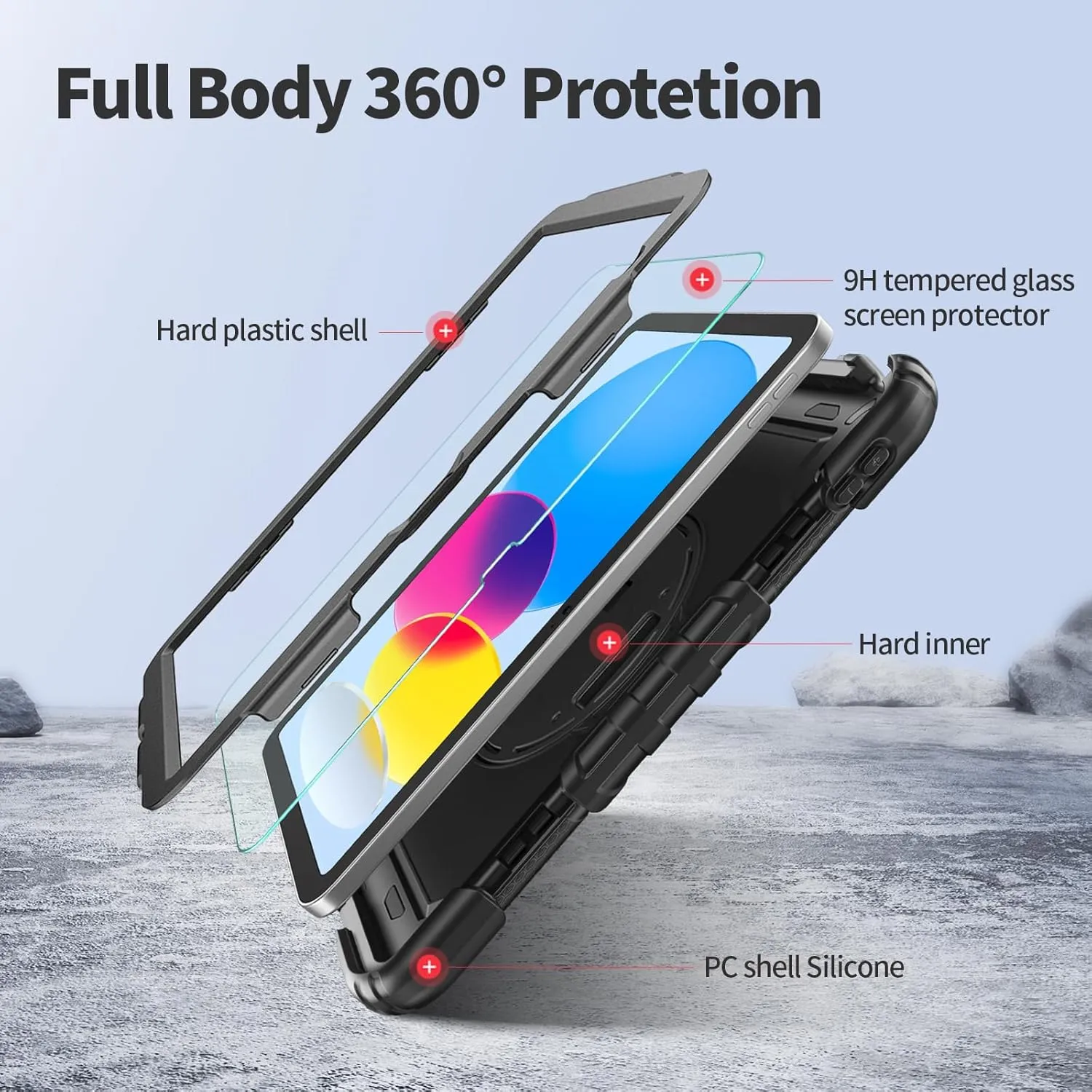 Ambison Case for iPad A16 11th Generation 11'' 2025/10th Generation 10.9'' 2022,Heavy Duty Shockproof Case with Tempered Glass Screen Protector, 360° Rotating Handle Strap/Stand,Shoulder Strap-Black