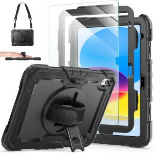 Ambison Case for iPad A16 11th Generation 11'' 2025/10th Generation 10.9'' 2022,Heavy Duty Shockproof Case with Tempered Glass Screen Protector, 360° Rotating Handle Strap/Stand,Shoulder Strap-Black