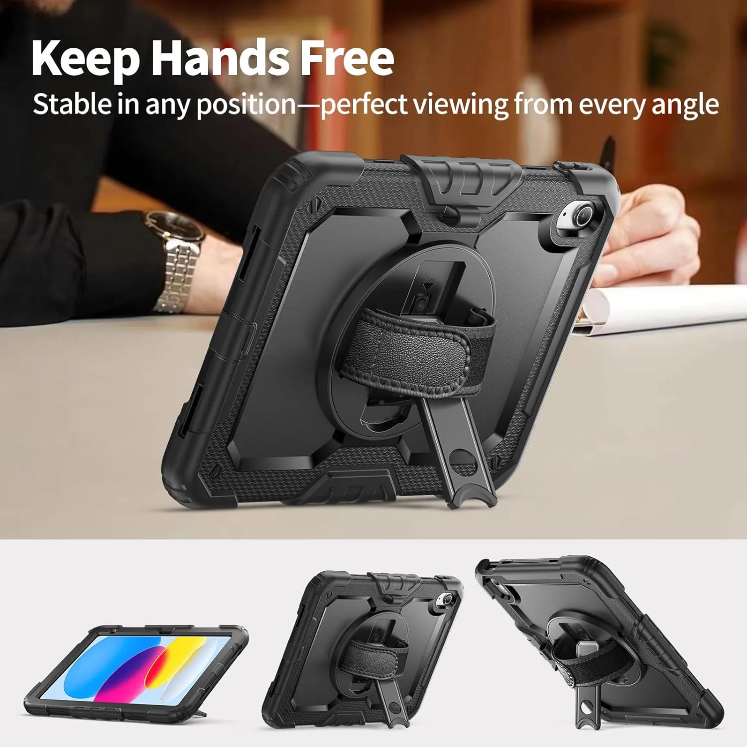 Ambison Case for iPad A16 11th Generation 11'' 2025/10th Generation 10.9'' 2022,Heavy Duty Shockproof Case with Tempered Glass Screen Protector, 360° Rotating Handle Strap/Stand,Shoulder Strap-Black