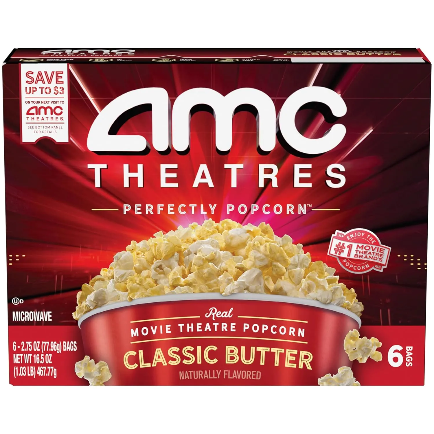 AMC Theatres Microwave Popcorn, Classic Butter, 2.75 oz (6 Boxes, 36 Count)