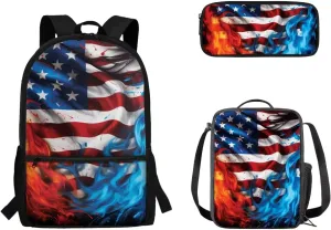American Flag 3 PCS School Backpack Set 17 inches School Bag Large Capacity Pencil Pen Case Oilproof Leakproof Insulated Lunch Bag for Preschool Middle School Elementary School