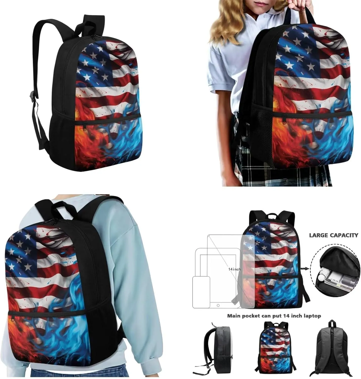 American Flag 3 PCS School Backpack Set 17 inches School Bag Large Capacity Pencil Pen Case Oilproof Leakproof Insulated Lunch Bag for Preschool Middle School Elementary School