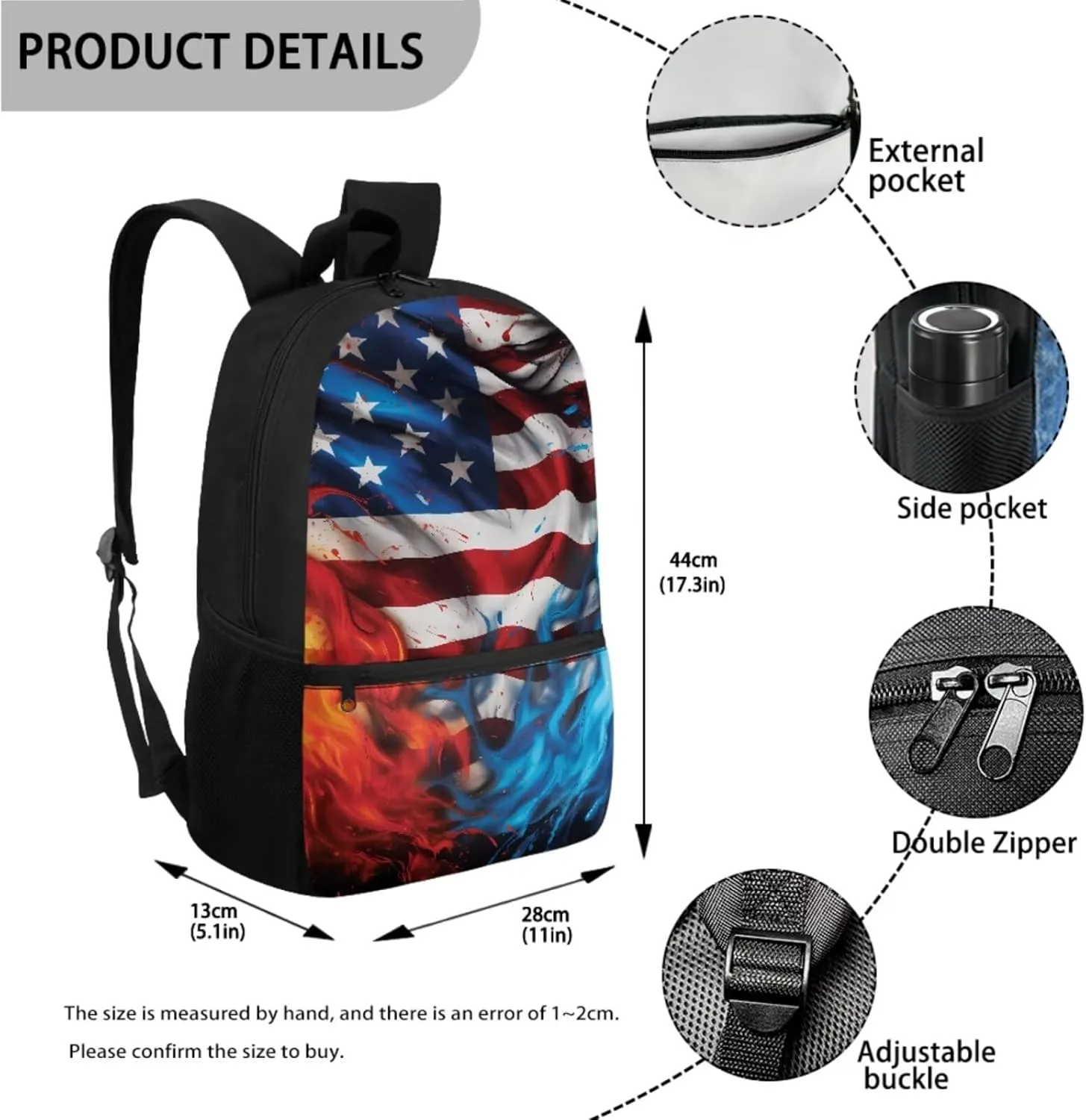 American Flag 3 PCS School Backpack Set 17 inches School Bag Large Capacity Pencil Pen Case Oilproof Leakproof Insulated Lunch Bag for Preschool Middle School Elementary School