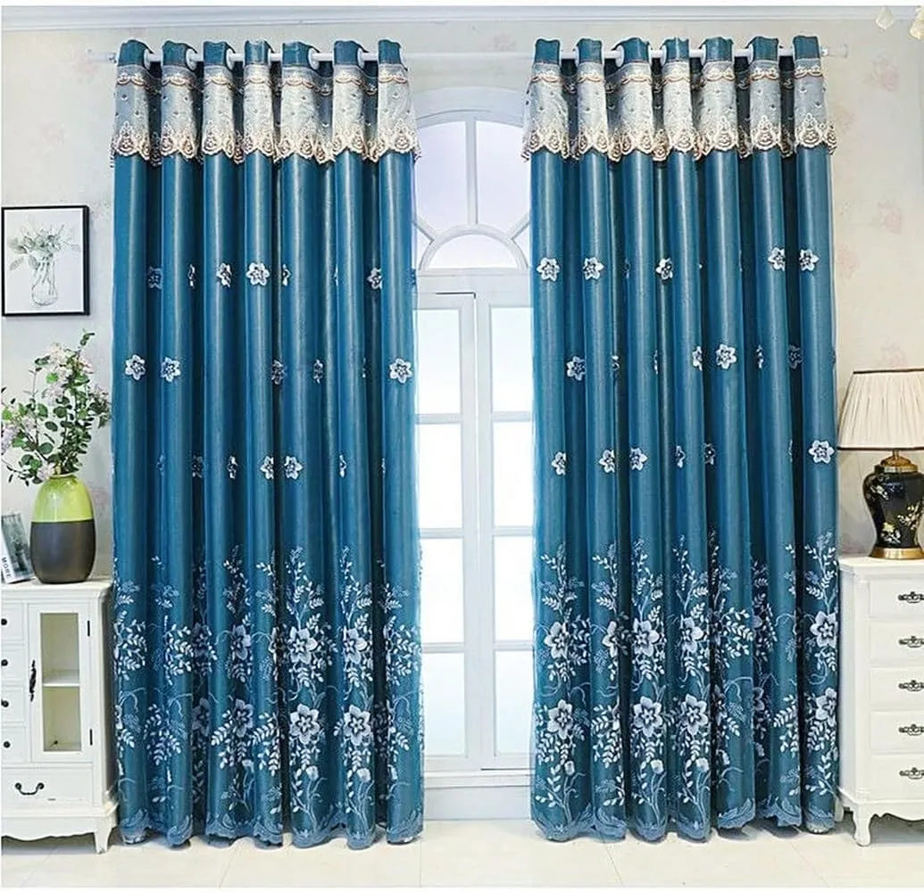 Amidoudou 1 Pair European Double Layer Curtains for Living Room Bedroom Luxury Flower Embroidered Curtains with Valance (Blue,54x96 Inch)