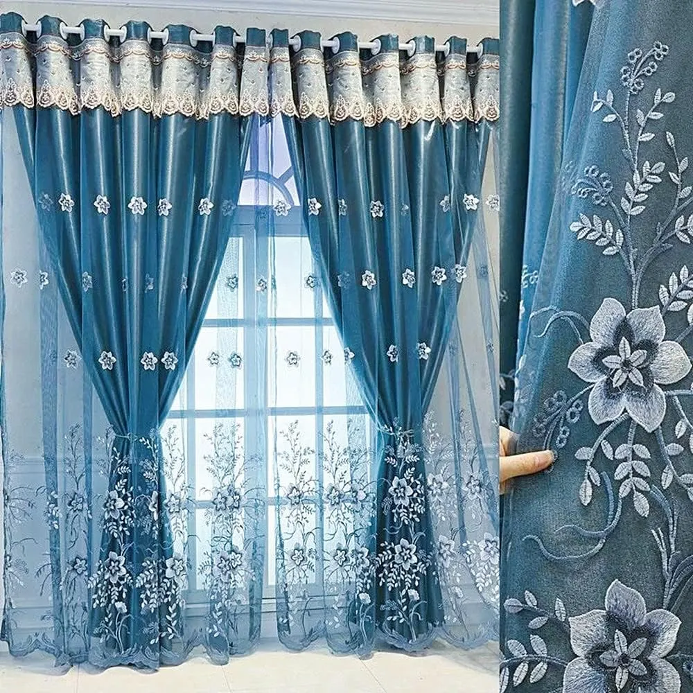 Amidoudou 1 Pair European Double Layer Curtains for Living Room Bedroom Luxury Flower Embroidered Curtains with Valance (Blue,54x96 Inch)