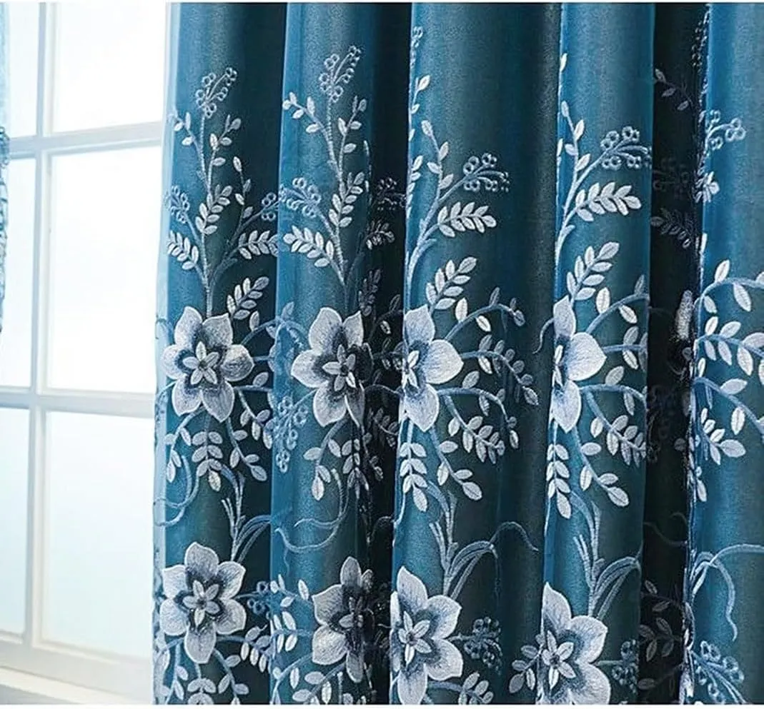 Amidoudou 1 Pair European Double Layer Curtains for Living Room Bedroom Luxury Flower Embroidered Curtains with Valance (Blue,54x96 Inch)