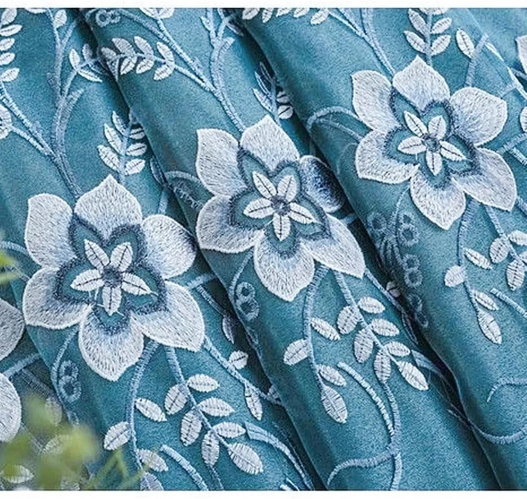 Amidoudou 1 Pair European Double Layer Curtains for Living Room Bedroom Luxury Flower Embroidered Curtains with Valance (Blue,54x96 Inch)