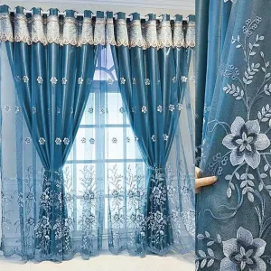 Amidoudou 1 Pair European Double Layer Curtains for Living Room Bedroom Luxury Flower Embroidered Curtains with Valance (Blue,54x96 Inch)
