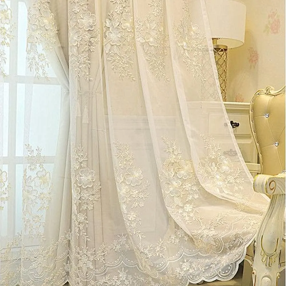 Amidoudou 1 Pair European Double Layer Curtains Luxury Flower Embroidered Curtains for Living Room Bedroom (Beige,52x120 Inch)