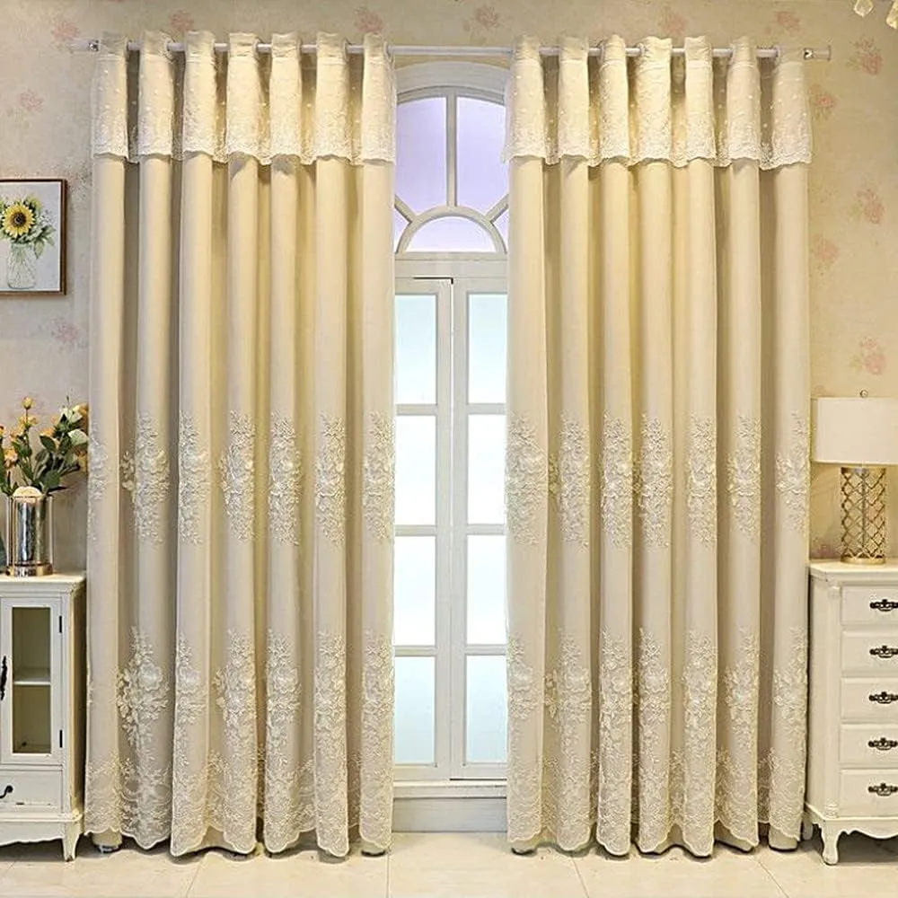 Amidoudou 1 Pair European Double Layer Curtains Luxury Flower Embroidered Curtains for Living Room Bedroom (Beige,52x120 Inch)