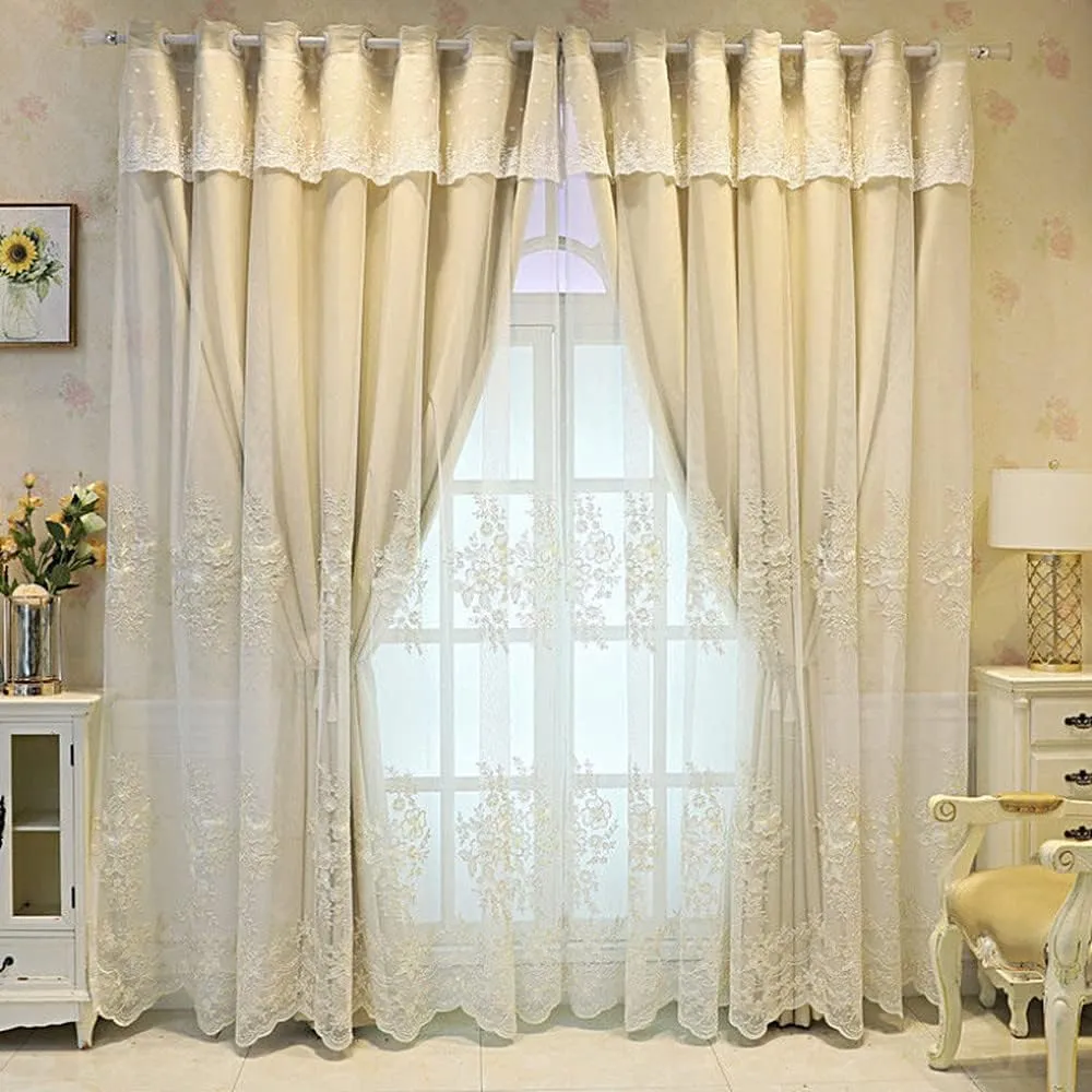 Amidoudou 1 Pair European Double Layer Curtains Luxury Flower Embroidered Curtains for Living Room Bedroom (Beige,52x120 Inch)