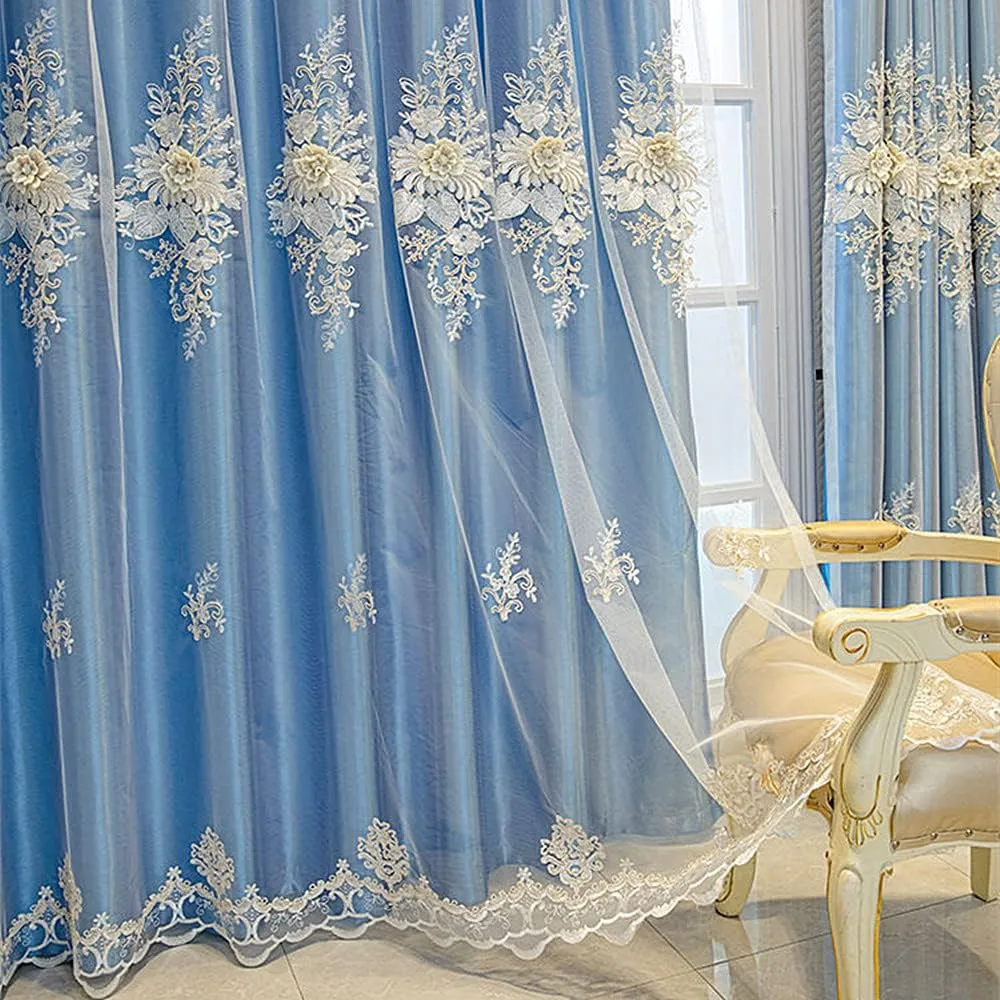 Amidoudou 1 Pair Luxury European Curtains with Valance for Living Room Bedroom Double Layer Embroidered Curtains (Blue,52x90 Inch)
