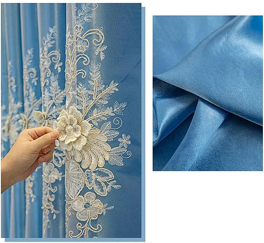 Amidoudou 1 Pair Luxury European Curtains with Valance for Living Room Bedroom Double Layer Embroidered Curtains (Blue,52x90 Inch)