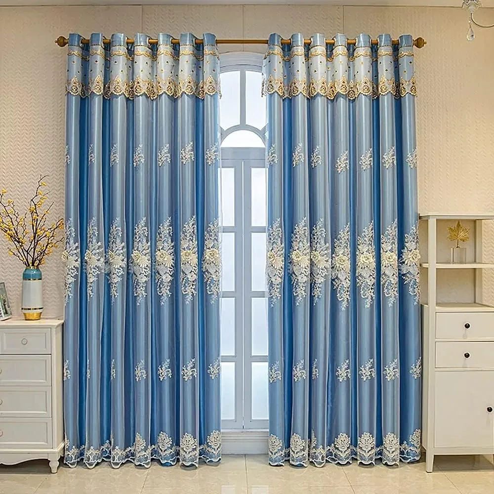 Amidoudou 1 Pair Luxury European Curtains with Valance for Living Room Bedroom Double Layer Embroidered Curtains (Blue,52x90 Inch)