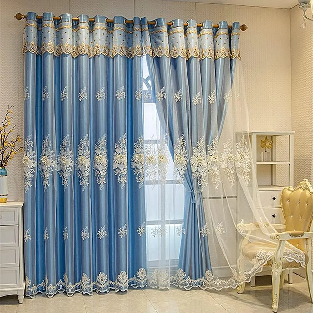 Amidoudou 1 Pair Luxury European Curtains with Valance for Living Room Bedroom Double Layer Embroidered Curtains (Blue,52x90 Inch)