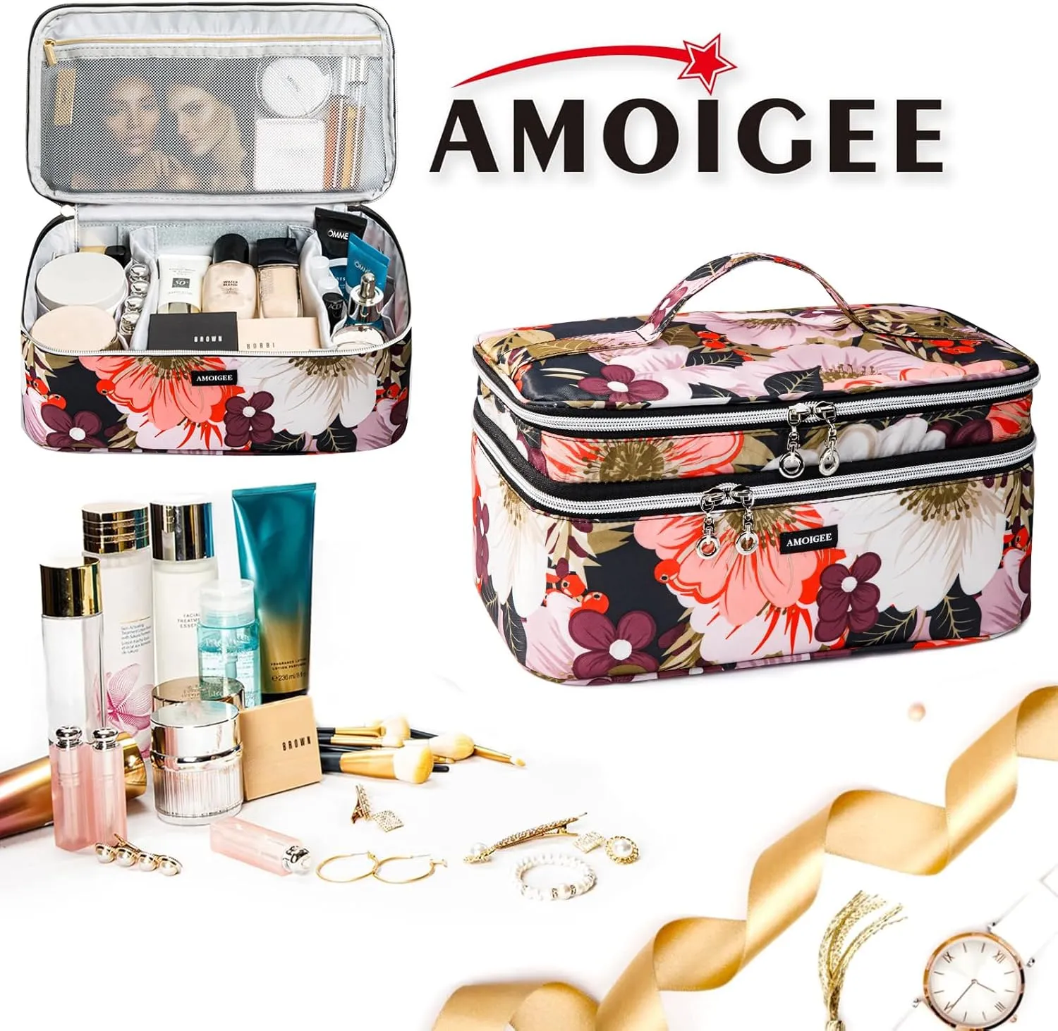 AMOIGEE Large Travel Makeup Bag Organizer, Double Layer Train Case, Toiletry Bag for Makeup Brushes, Full Size Bottles, Palettes Sponge, Cosmetic, Peonnies.
